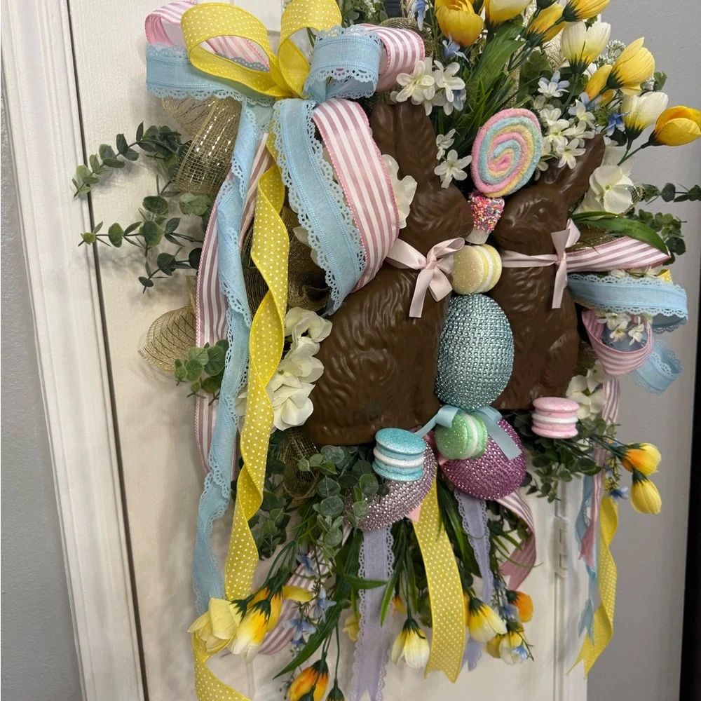 Spring Easter Wreath with Chocolate Bunnies